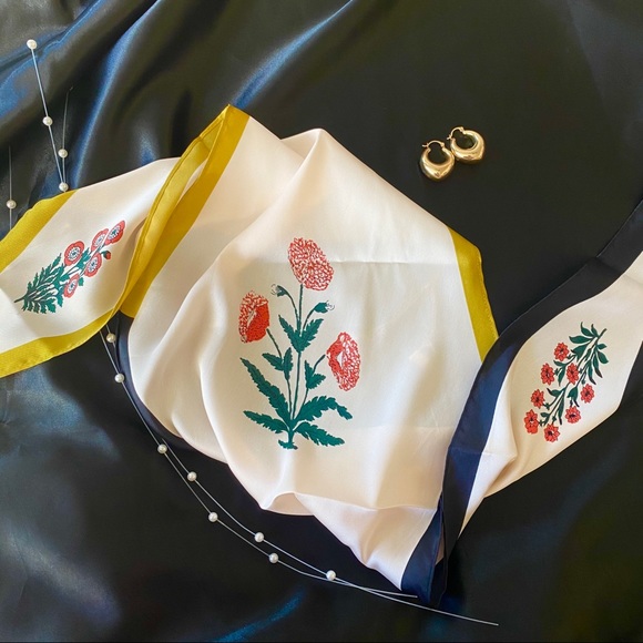 Spring Yellow Blue Floral Silky Scarf - Picture 4 of 8